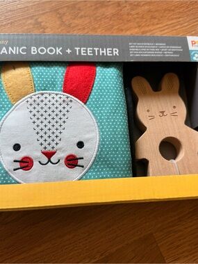 PETIT COLLAGE Organic Bunny Book + Wooden Bunny Teether